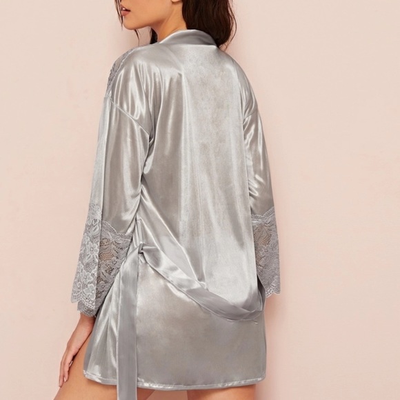 Intimates & Sleepwear Gray Satin Robe Lace Detailing Sleeves Poshmark